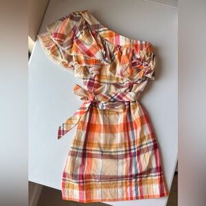 Trina Turk Plaid One Shoulder Mini Dress With Detachable Flower Accent S…